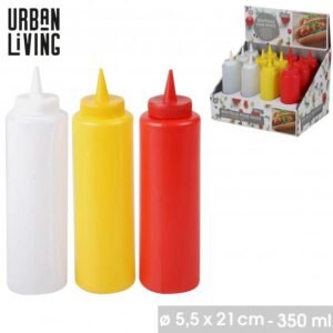 Urban Living padažų buteliukai 350 ml – balti, geltoni ir raudoni plastikiniai buteliukai su snapeliais