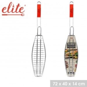 Elite žuvies grilio grotelės su raudona rankena – 72 × 40 × 14 cm