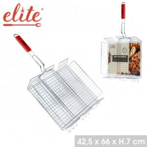 Elite BBQ grotelės su užsegimu – 42,5 × 66 × 7 cm, su raudona rankena