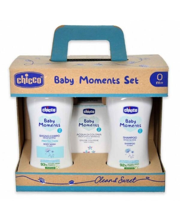 Chicco Baby Moments dovanų rinkinys kūdikiams (šampūnas, prausiklis, kolonija)