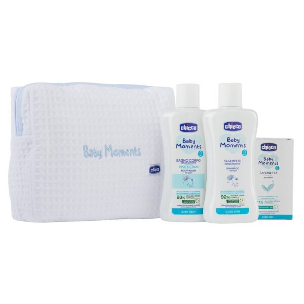Chicco Baby Moments dovanų rinkinys kūdikiams (prausiklis, šampūnas, muilas, krepšelis)