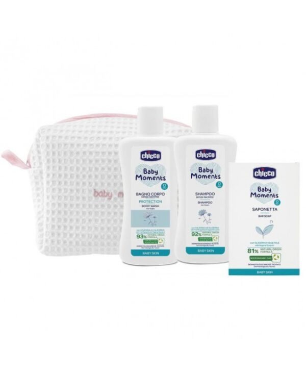 Chicco Baby Moments dovanų rinkinys kūdikiams (prausiklis, šampūnas, muilas, kosmetinė)