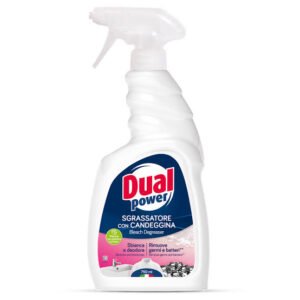 | Savybė | Reikšmė | | ------------------ | -------------------------------------------- | | Pavadinimas | Dual Power Sgrassatore Mousse su balikliu | | Talpa | 750 ml | | Paskirtis | Riebalų, dėmių, bakterijų ir kvapų šalinimas | | Veiklioji medžiaga | Baliklis (chloro junginiai) | | Tekstūra | Putų (mousse) formulė | | Naudojimas | Vonios kambario ir virtuvės paviršiai | | Šalis | Italija | | Pakuotė | Purškiamas plastikinis butelis |
