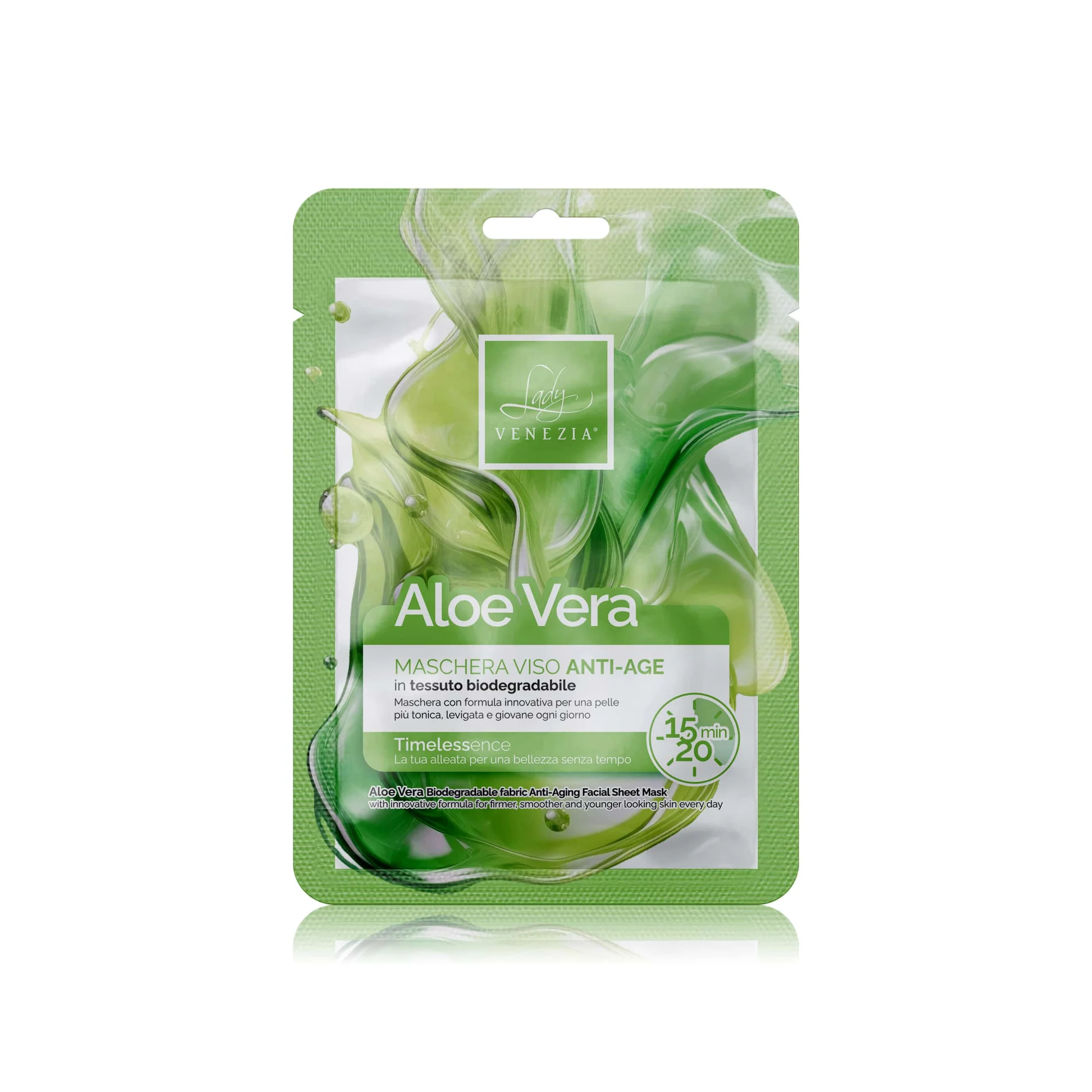 Lady Venezia aloe vera anti-age veido kaukė, 1vntlady venezia aloe vera anti-age veido kaukė sukurta taip, kad intensyviai drėkintų, ramintų ir padėtų išsaugoti odos jaunatvišką išvaizdą. Aloe vera ekstraktas pasižymi stipriomis atkuriamosiomis ir drėkinamosiomis savybėmis, todėl ši lady venezia aloe vera anti-age veido kaukė puikiai tinka odai, kuriai reikia gaivos, elastingumo ir švelnaus stangrinamojo poveikio. Biologiškai suyrantis lakštas priglunda tolygiai, užtikrindamas, kad veiklieji ingredientai būtų įsisavinami maksimaliai efektyviai. Kaukė ramina sudirgusią, pavargusią odą, suteikia švelnumo ir padeda sumažinti tempimo pojūtį. Anti-age formulė prisideda prie odos tonuso gerinimo, padeda jai atrodyti lygesnei, skaistesnei ir vizualiai jaunatviškesnei. Reguliariai naudojant, oda atrodo glotnesnė, labiau sudrėkinta ir atgaivinta – tai puikus kasdienio grožio ritualo žingsnis tiems, kurie siekia subtilaus, natūralaus stangrinimo. Vienkartinė pakuotė patogi naudoti tiek namuose, tiek kelionėse, o universalus kaukės pobūdis tinka visų tipų odai, ypač brandžiai, sausai ar jautriai. Kaukė tampa švelnia,