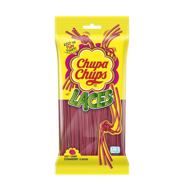 Chupa Chups Strawberry Laces braškių skonio juostelės, 90 g