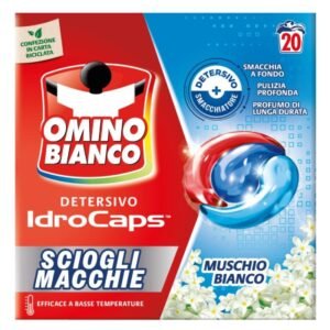 Omino Bianco IdroCaps Muschio Bianco skalbimo kapsulės su dėmių šalinimo poveikiu, 20 vnt.