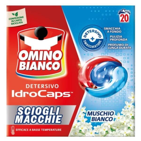 Omino Bianco IdroCaps Muschio Bianco skalbimo kapsulės su dėmių šalinimo poveikiu, 20 vnt.